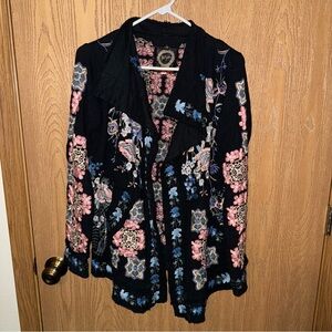 Johnny Was Black cardigan with Pink Floral Embroidery